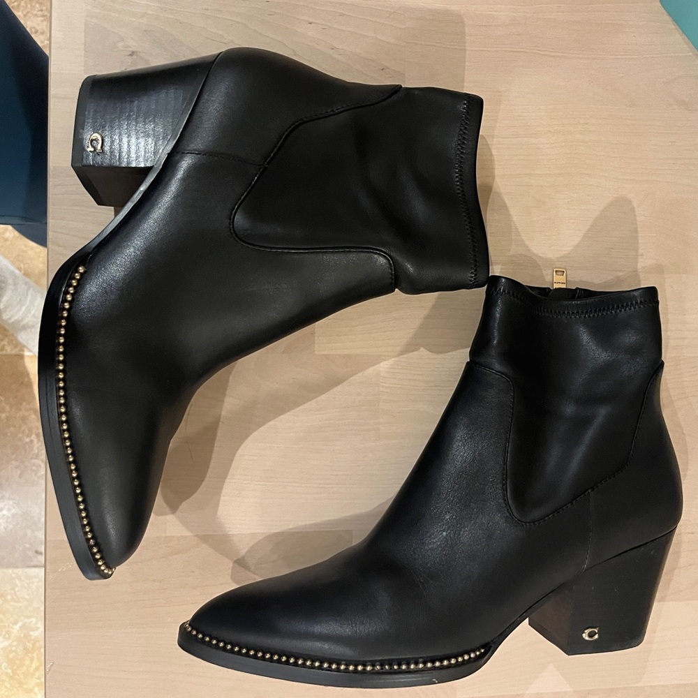 Coach “Pell Leather Bootie” Boots in Black w/ Gold Details, Size 11 or 41.5